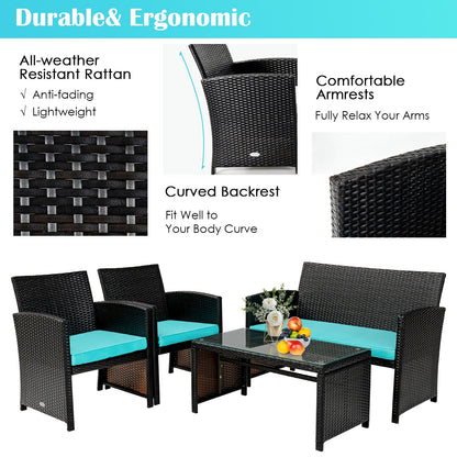 4 Pieces Patio Rattan Cushioned Furniture Set, Turquoise Patio Conversation Sets   at Gallery Canada