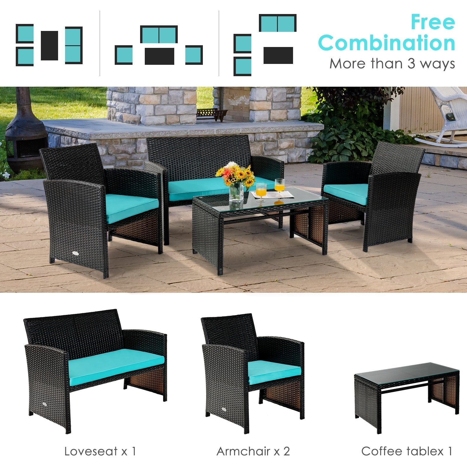 4 Pieces Patio Rattan Cushioned Furniture Set, Turquoise Patio Conversation Sets   at Gallery Canada