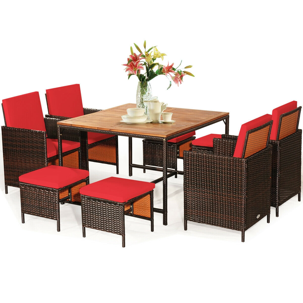 9PCS Patio Rattan Dining Cushioned Chairs Set, Red Patio Dining Sets   at Gallery Canada