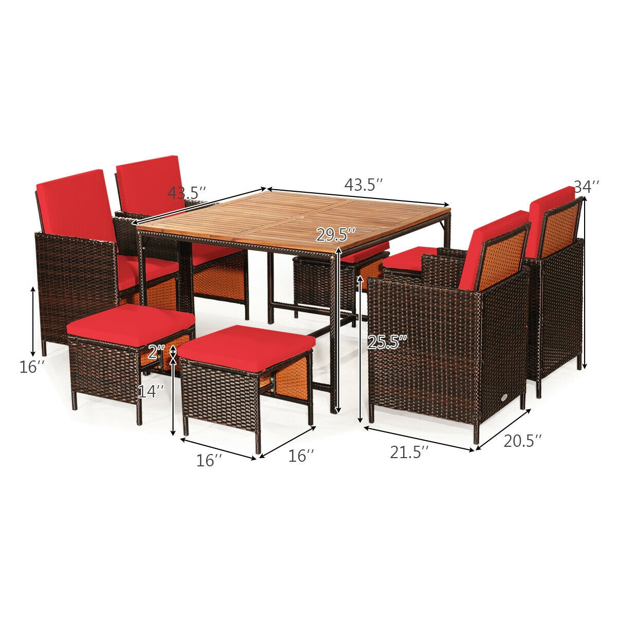 9PCS Patio Rattan Dining Cushioned Chairs Set, Red Patio Dining Sets   at Gallery Canada