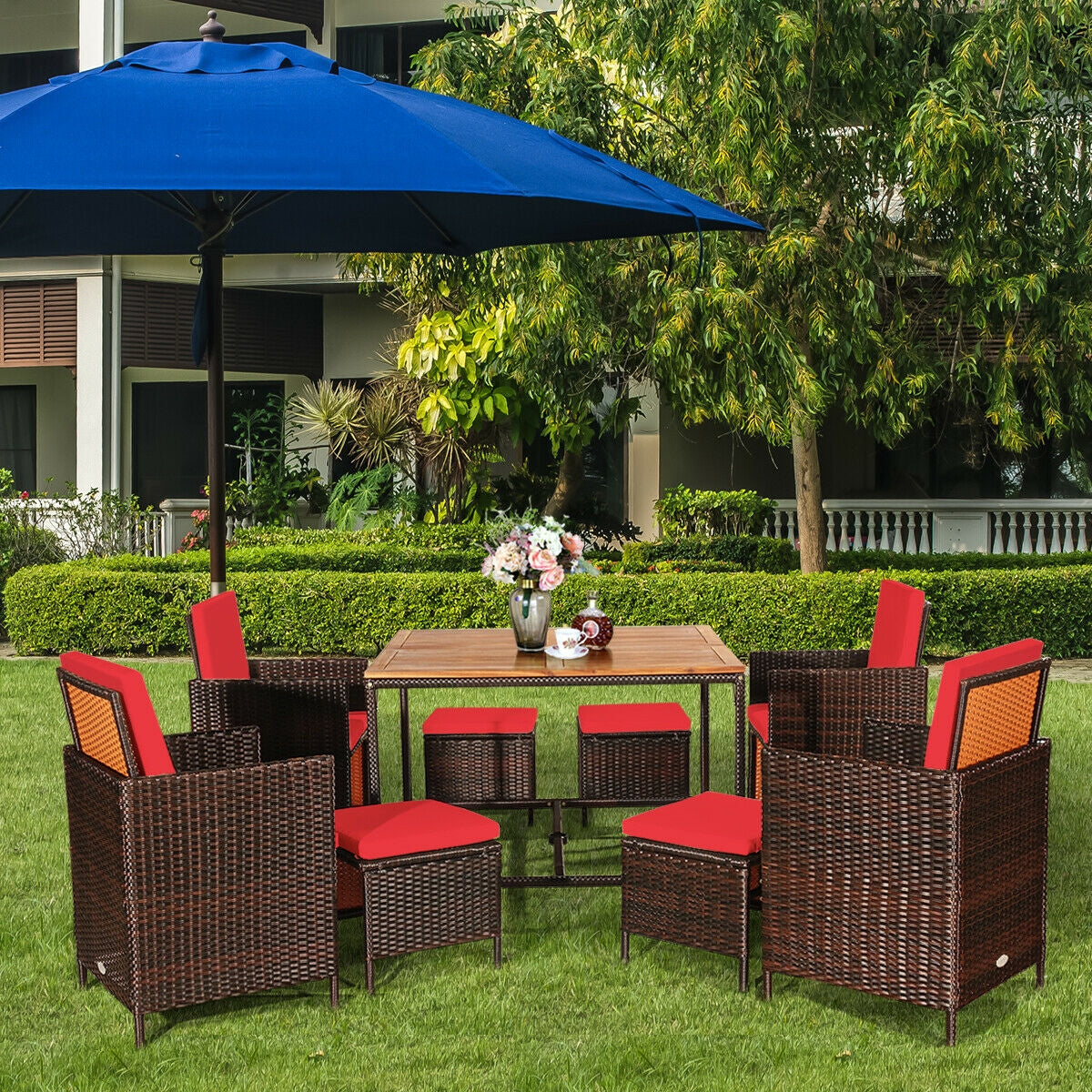 9PCS Patio Rattan Dining Cushioned Chairs Set, Red Patio Dining Sets   at Gallery Canada