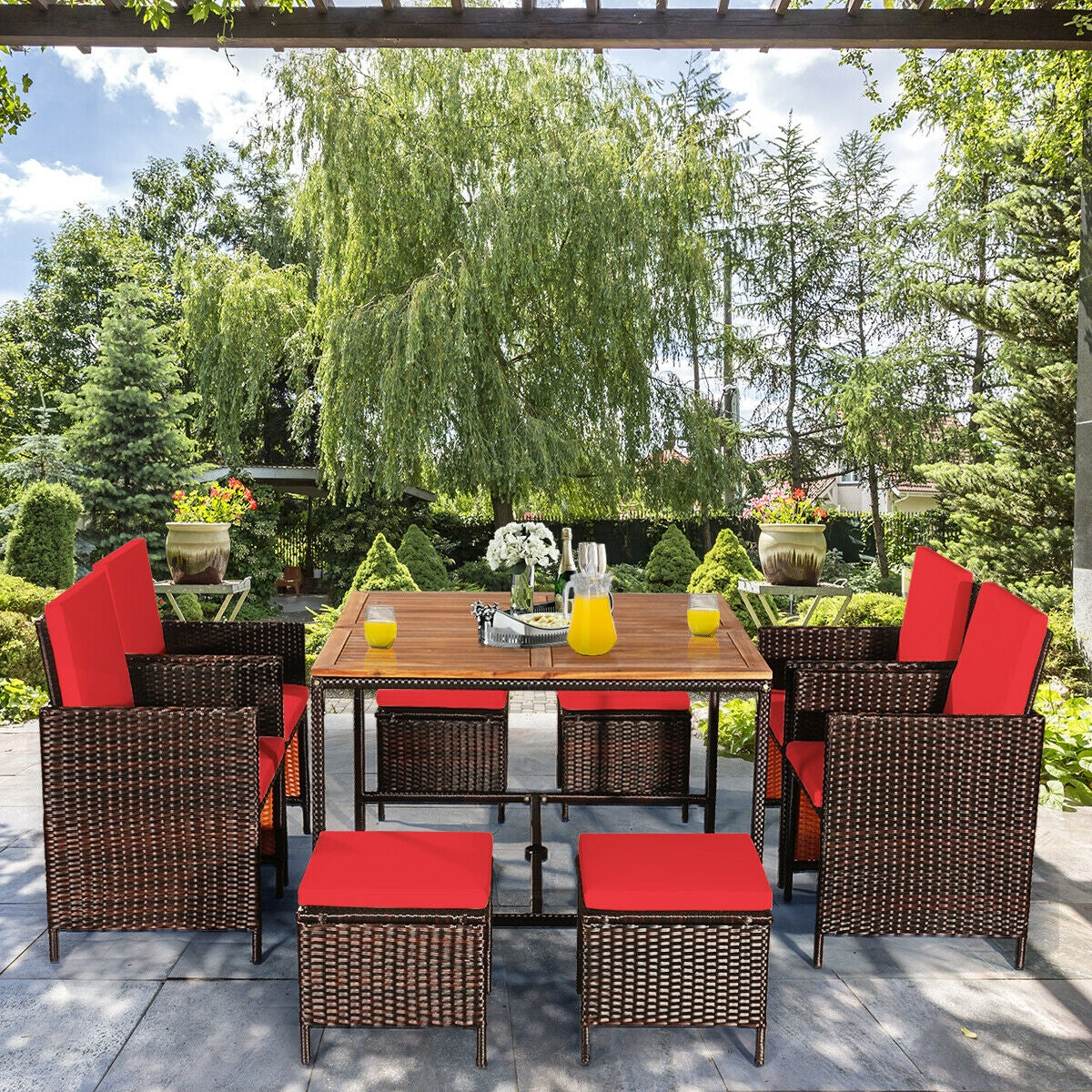 9PCS Patio Rattan Dining Cushioned Chairs Set, Red Patio Dining Sets   at Gallery Canada