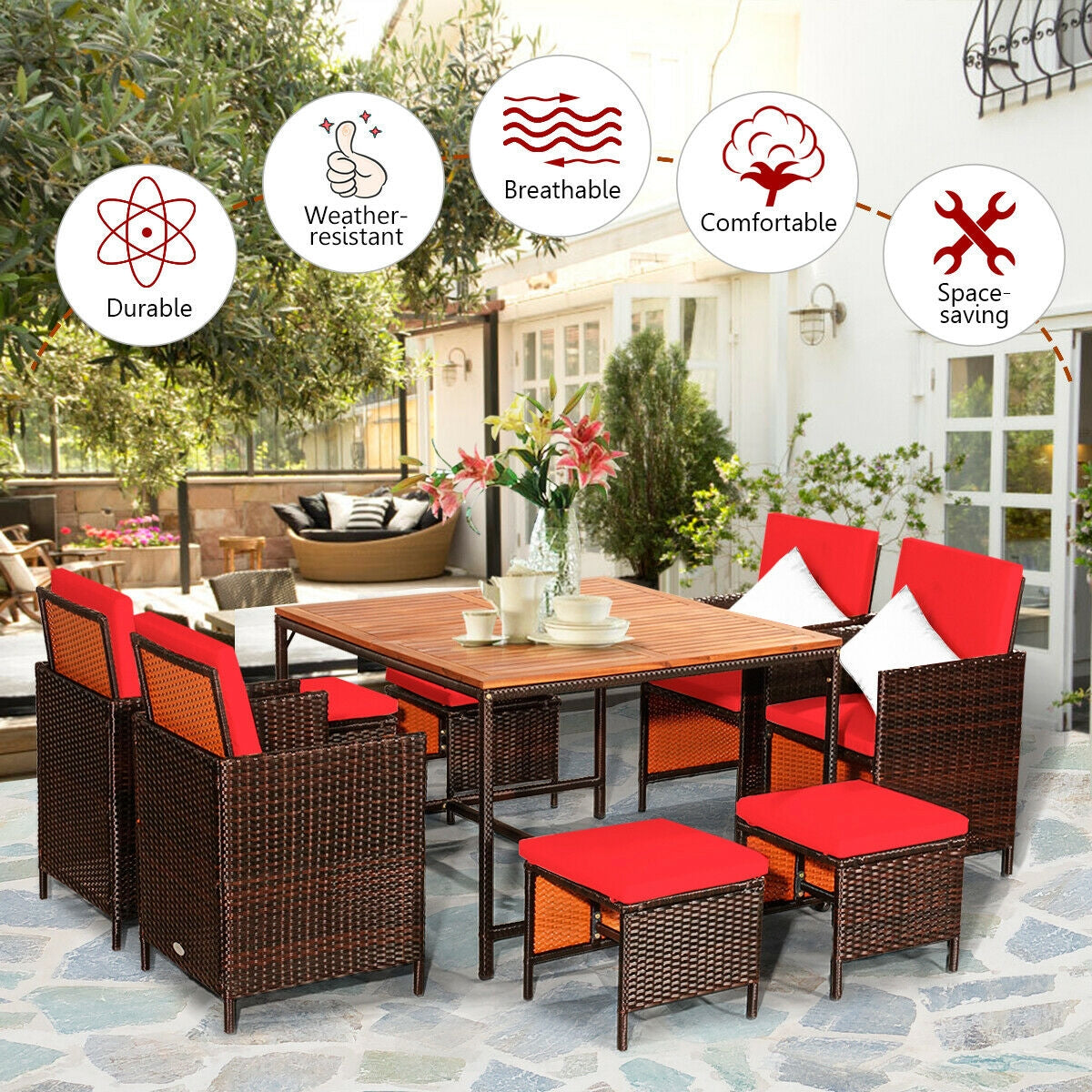 9PCS Patio Rattan Dining Cushioned Chairs Set, Red Patio Dining Sets   at Gallery Canada