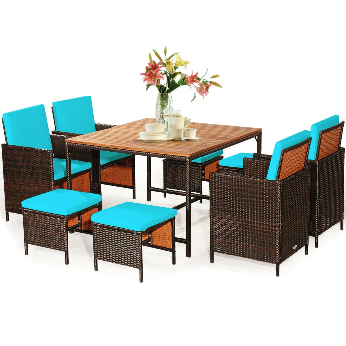 9PCS Patio Rattan Dining Cushioned Chairs Set, Turquoise Patio Dining Sets   at Gallery Canada