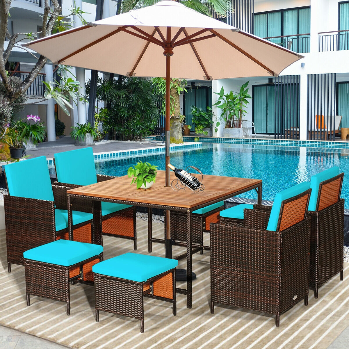 9PCS Patio Rattan Dining Cushioned Chairs Set, Turquoise Patio Dining Sets   at Gallery Canada