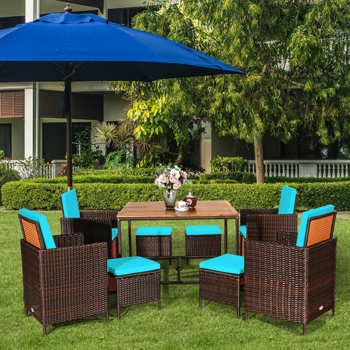 9PCS Patio Rattan Dining Cushioned Chairs Set, Turquoise