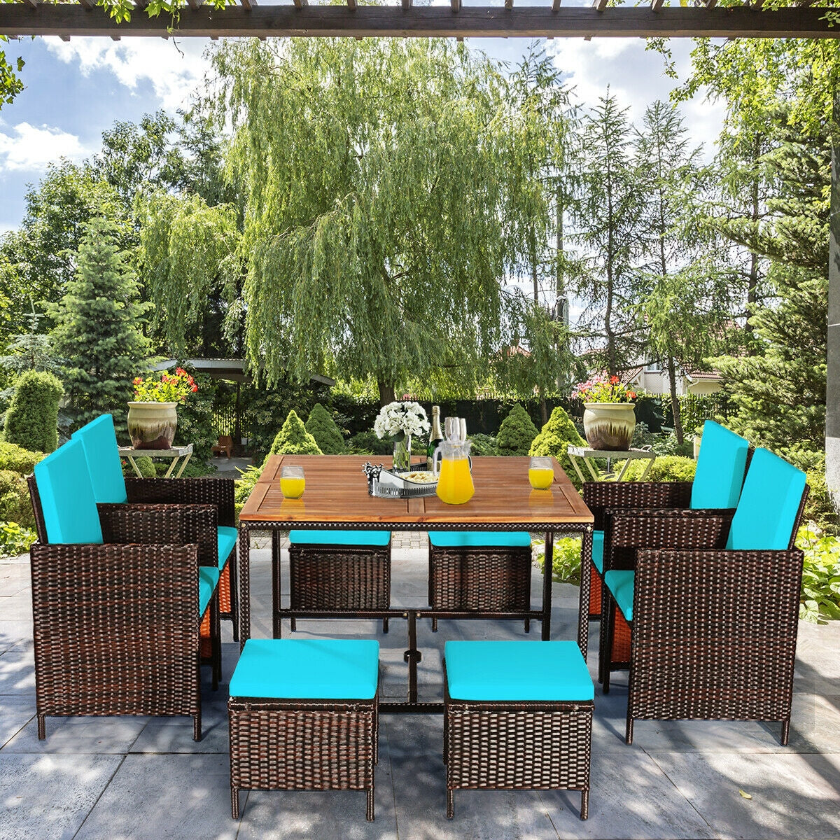 9PCS Patio Rattan Dining Cushioned Chairs Set, Turquoise Patio Dining Sets   at Gallery Canada