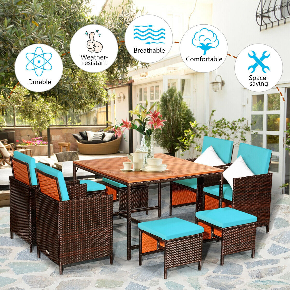 9PCS Patio Rattan Dining Cushioned Chairs Set, Turquoise Patio Dining Sets   at Gallery Canada