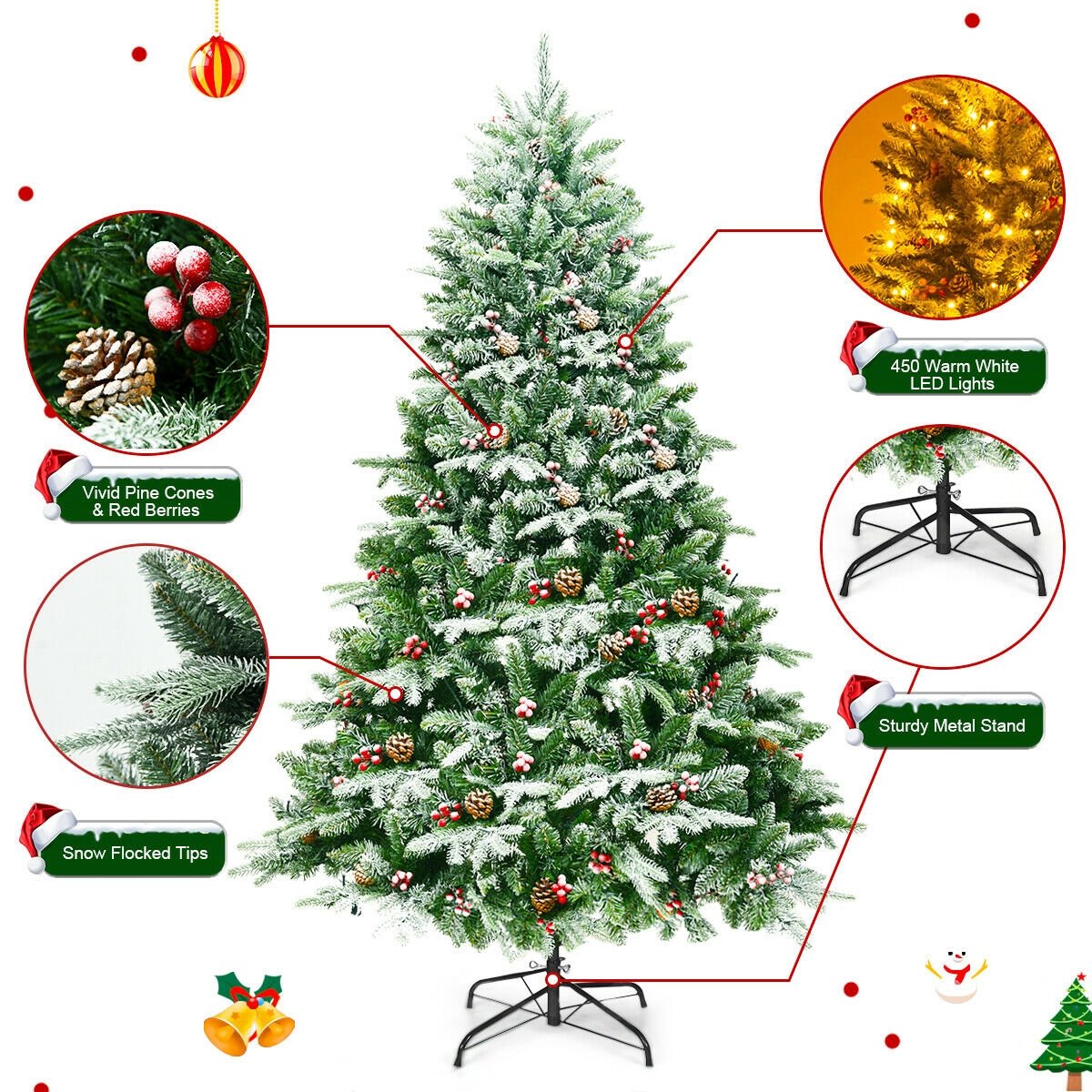 6.5 Feet Pre-lit Snow Flocked Hinged Artificial Christmas Tree, Green Christmas Tree   at Gallery Canada