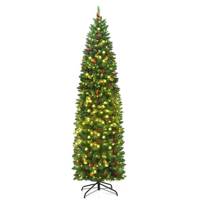 7.5 Feet Pre-lit Hinged Pencil Christmas Tree with Pine Cones Red Berries, Green Christmas Tree   at Gallery Canada