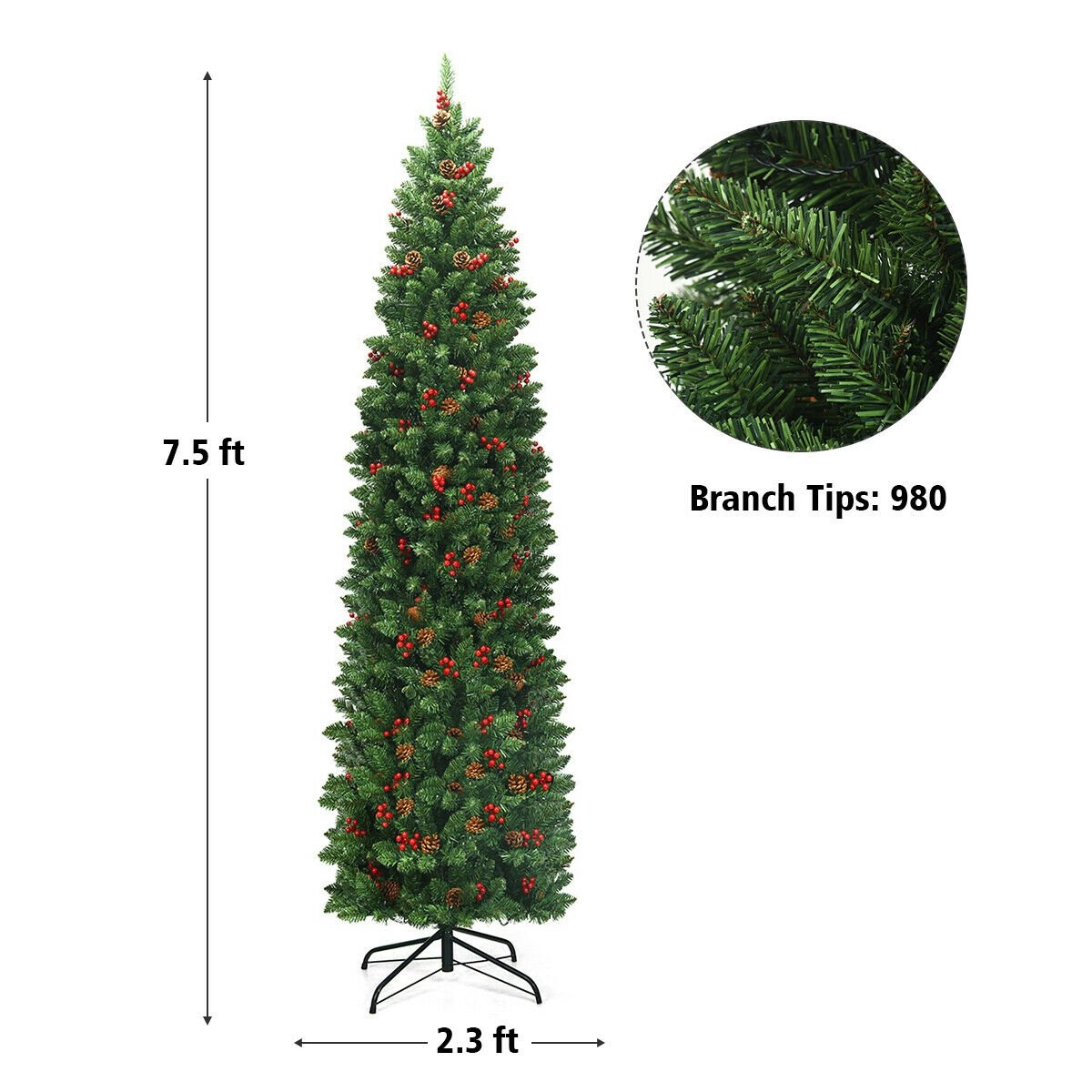 7.5 Feet Pre-lit Hinged Pencil Christmas Tree with Pine Cones Red Berries, Green Christmas Tree   at Gallery Canada