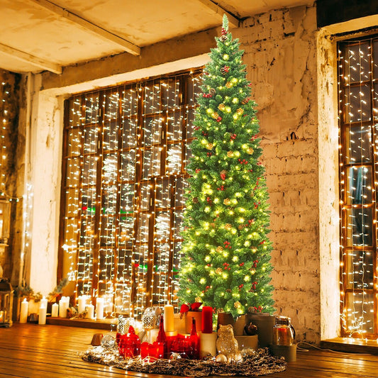 7.5 Feet Pre-lit Hinged Pencil Christmas Tree with Pine Cones Red Berries, Green Christmas Tree   at Gallery Canada