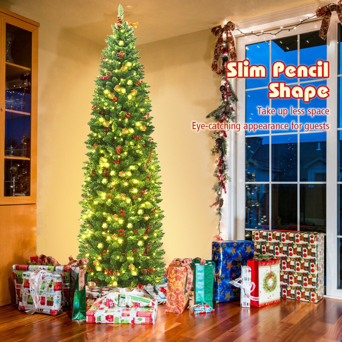 7.5 Feet Pre-lit Hinged Pencil Christmas Tree with Pine Cones Red Berries, Green Christmas Tree   at Gallery Canada