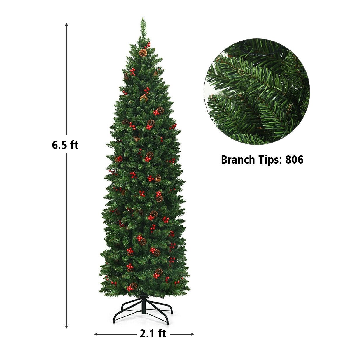 6.5 Feet Pre-lit Hinged Pencil Christmas Tree, Green Christmas Tree   at Gallery Canada