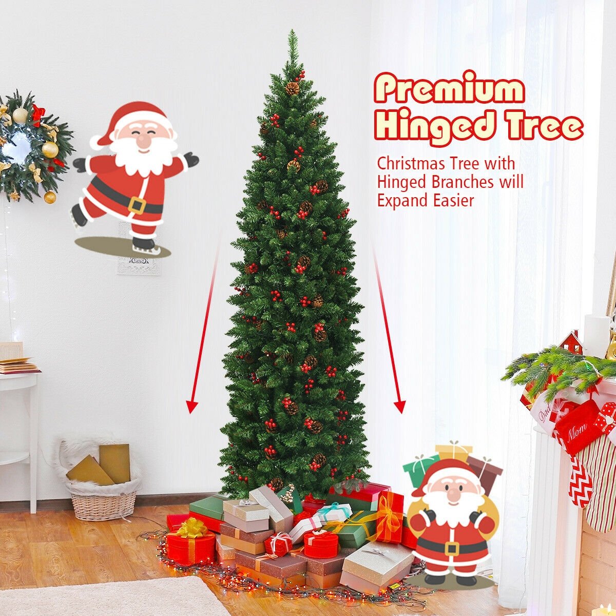 6.5 Feet Pre-lit Hinged Pencil Christmas Tree, Green Christmas Tree   at Gallery Canada