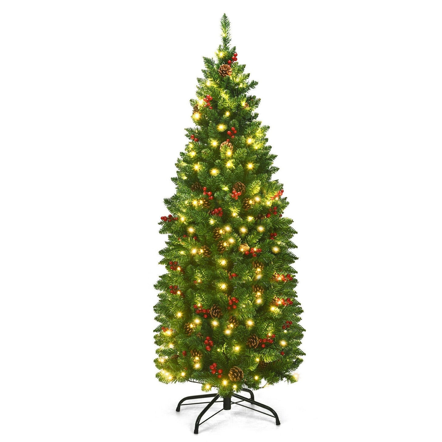 4.5 Feet Pre-lit Hinged Pencil Christmas Tree with Pine Cones Red Berries and 150 Lights, Green Christmas Tree   at Gallery Canada