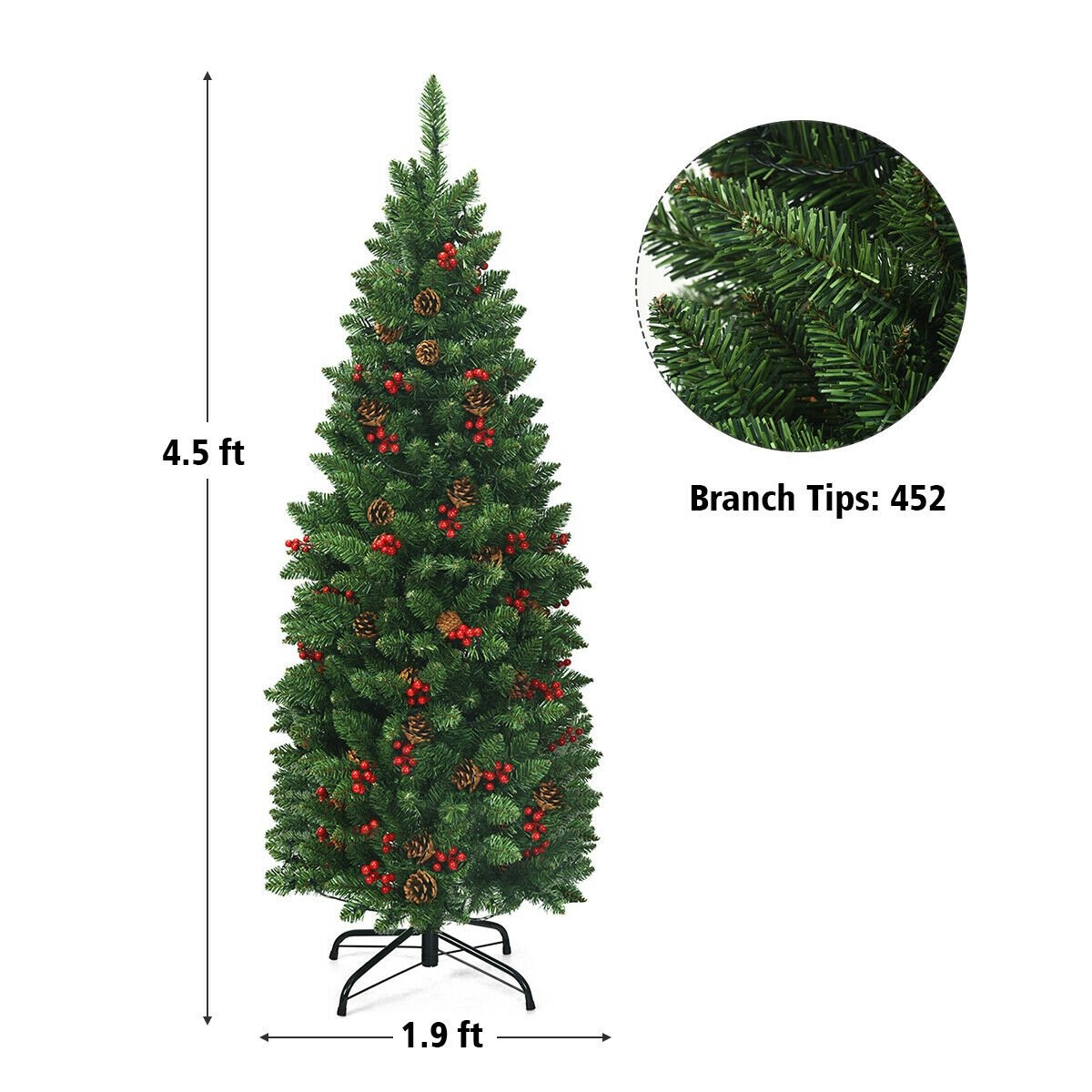 4.5 Feet Pre-lit Hinged Pencil Christmas Tree with Pine Cones Red Berries and 150 Lights, Green Christmas Tree   at Gallery Canada