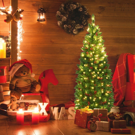 4.5 Feet Pre-lit Hinged Pencil Christmas Tree with Pine Cones Red Berries and 150 Lights, Green Christmas Tree   at Gallery Canada