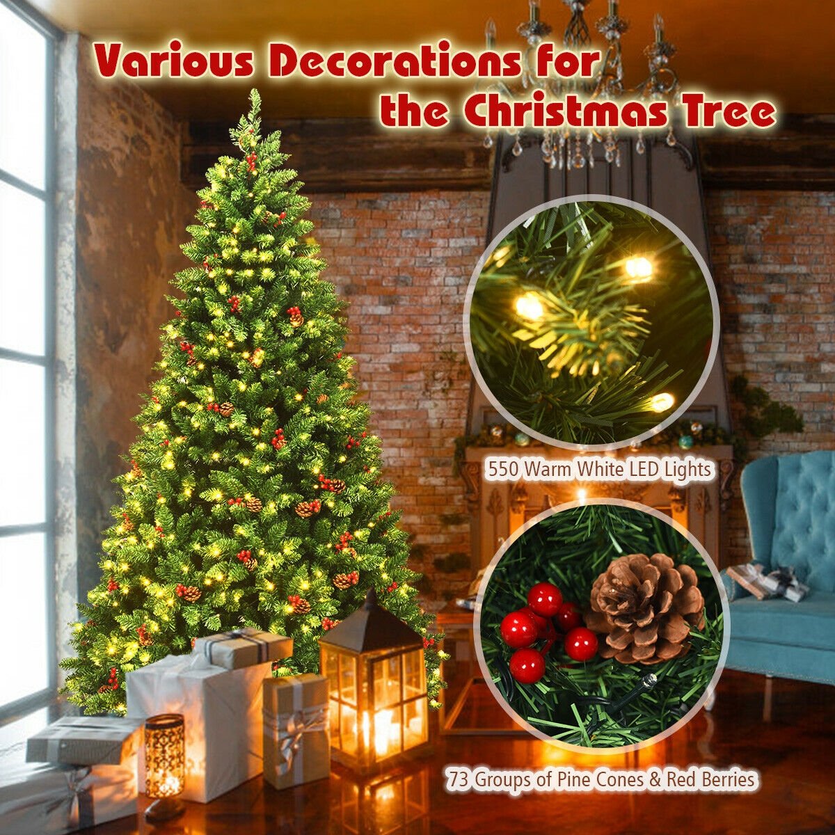 7.5 Feet Pre-lit Hinged Christmas Tree with 550 LED Lights and Sturdy Metal Stand, Green Christmas Tree   at Gallery Canada