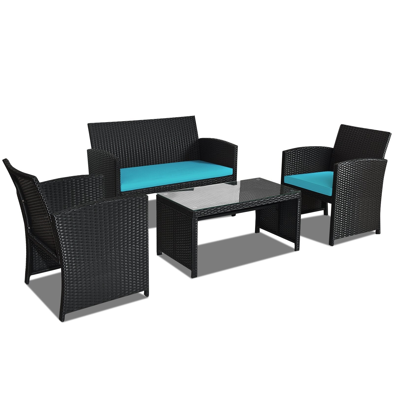 4 Pieces Rattan Patio Furniture Set with Weather Resistant Cushions and Tempered Glass Tabletop, Turquoise - Gallery Canada