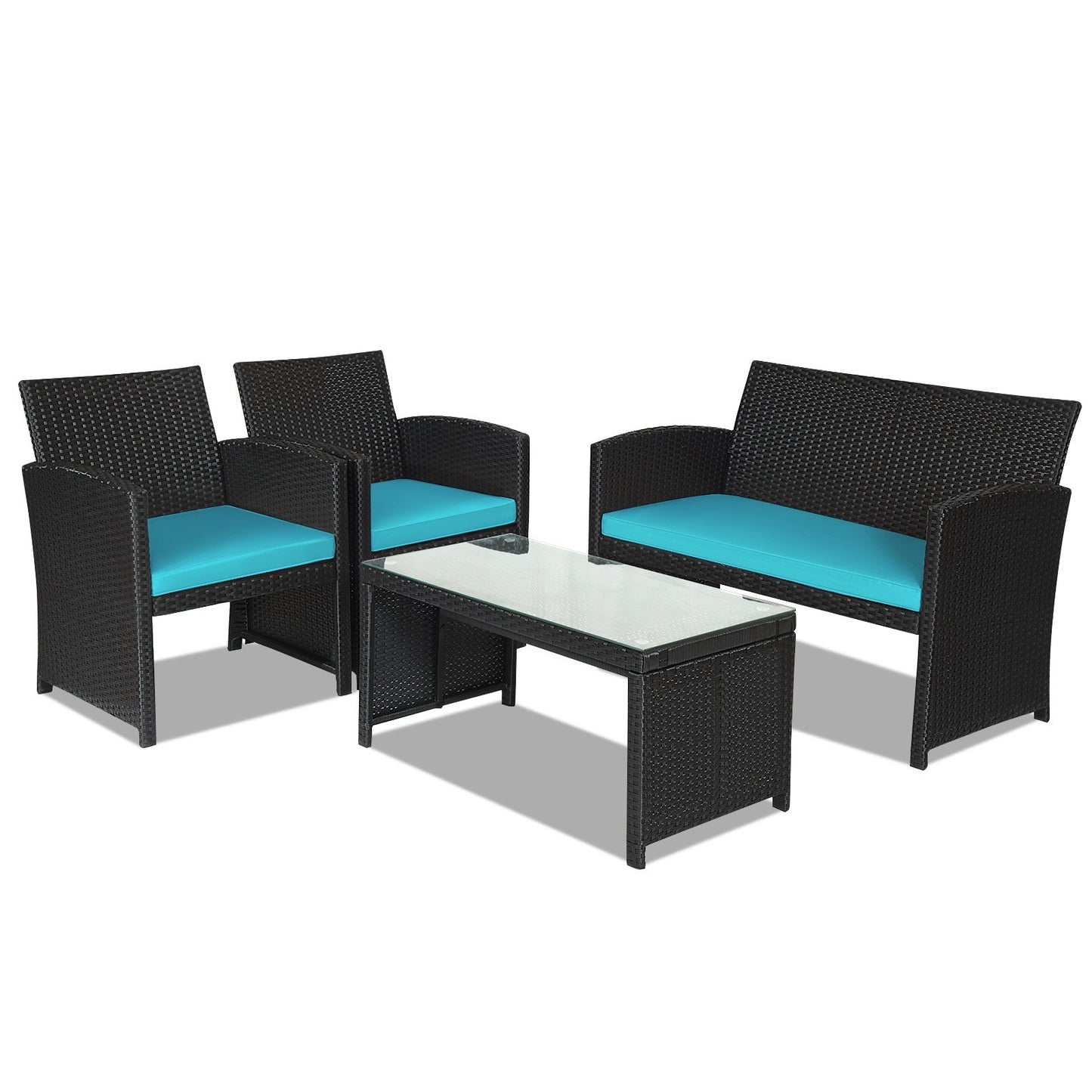 4 Pieces Rattan Patio Furniture Set with Weather Resistant Cushions and Tempered Glass Tabletop, Turquoise Patio Conversation Sets   at Gallery Canada