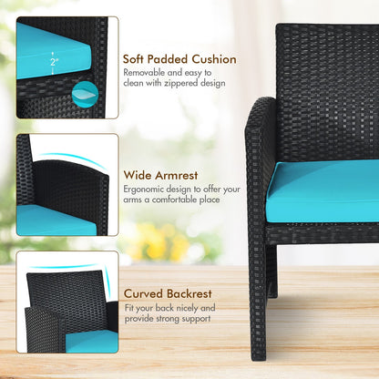 4 Pieces Rattan Patio Furniture Set with Weather Resistant Cushions and Tempered Glass Tabletop, Turquoise - Gallery Canada