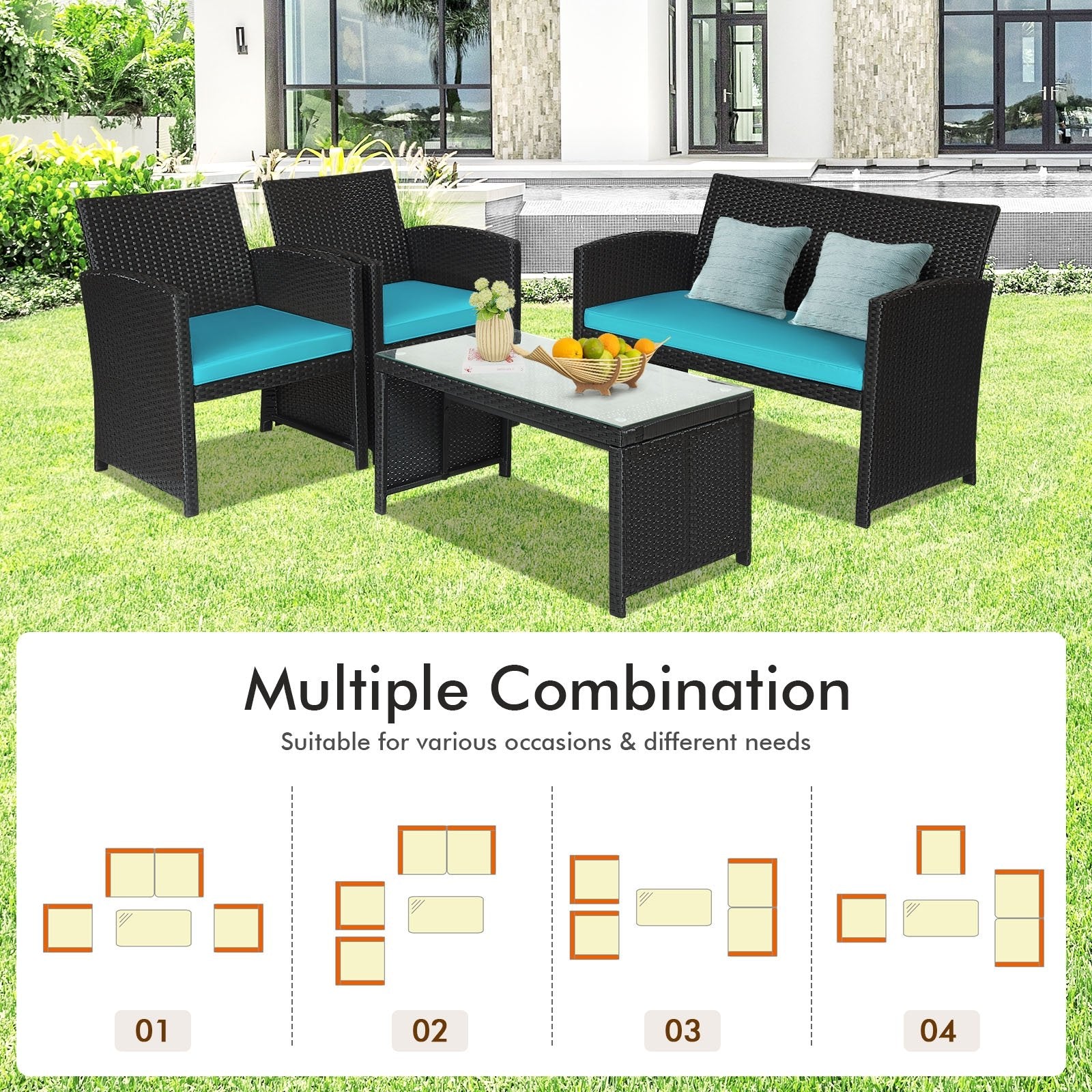 4 Pieces Rattan Patio Furniture Set with Weather Resistant Cushions and Tempered Glass Tabletop, Turquoise - Gallery Canada