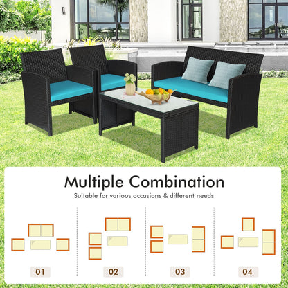 4 Pieces Rattan Patio Furniture Set with Weather Resistant Cushions and Tempered Glass Tabletop, Turquoise Patio Conversation Sets   at Gallery Canada