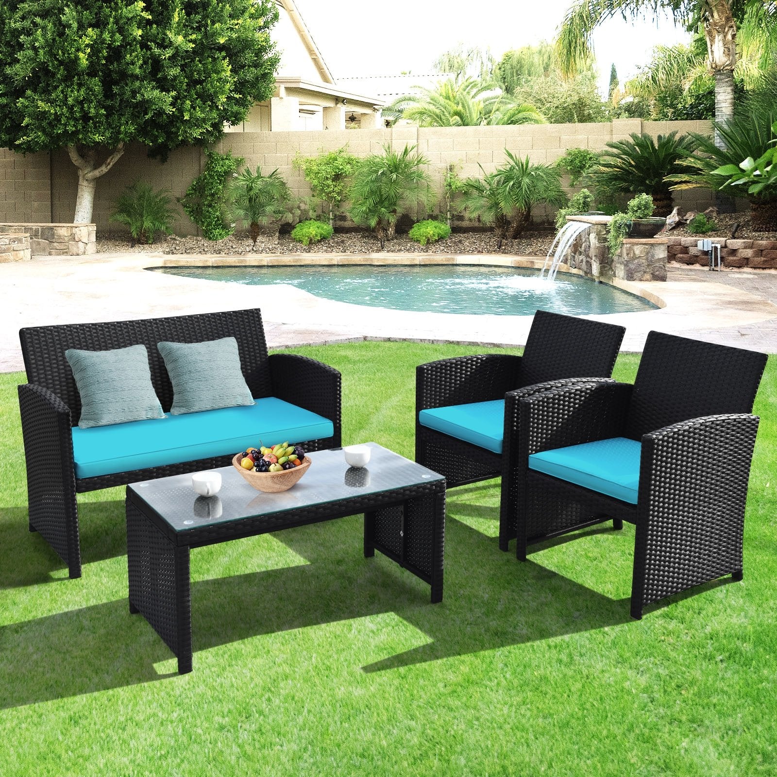 4 Pieces Rattan Patio Furniture Set with Weather Resistant Cushions and Tempered Glass Tabletop, Turquoise Patio Conversation Sets   at Gallery Canada