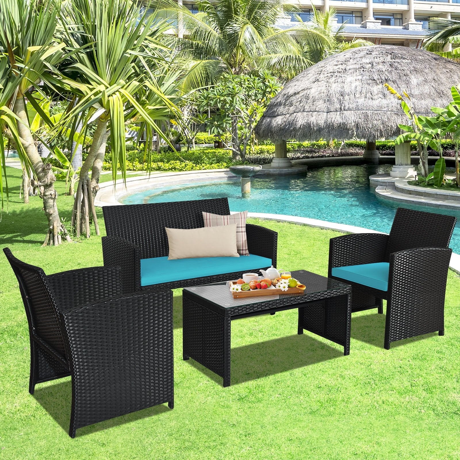 4 Pieces Rattan Patio Furniture Set with Weather Resistant Cushions and Tempered Glass Tabletop, Turquoise Patio Conversation Sets   at Gallery Canada