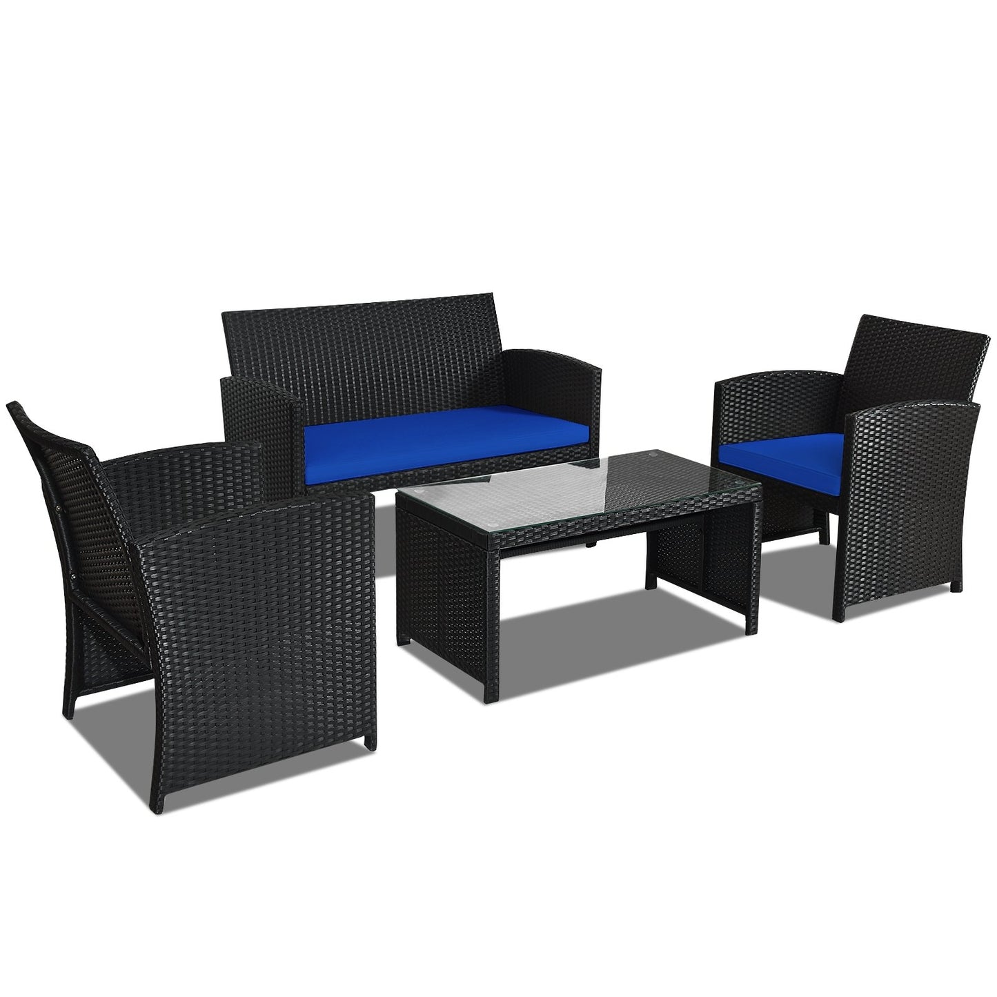 4 Pieces Rattan Patio Furniture Set with Weather Resistant Cushions and Tempered Glass Tabletop, Navy Patio Conversation Sets   at Gallery Canada