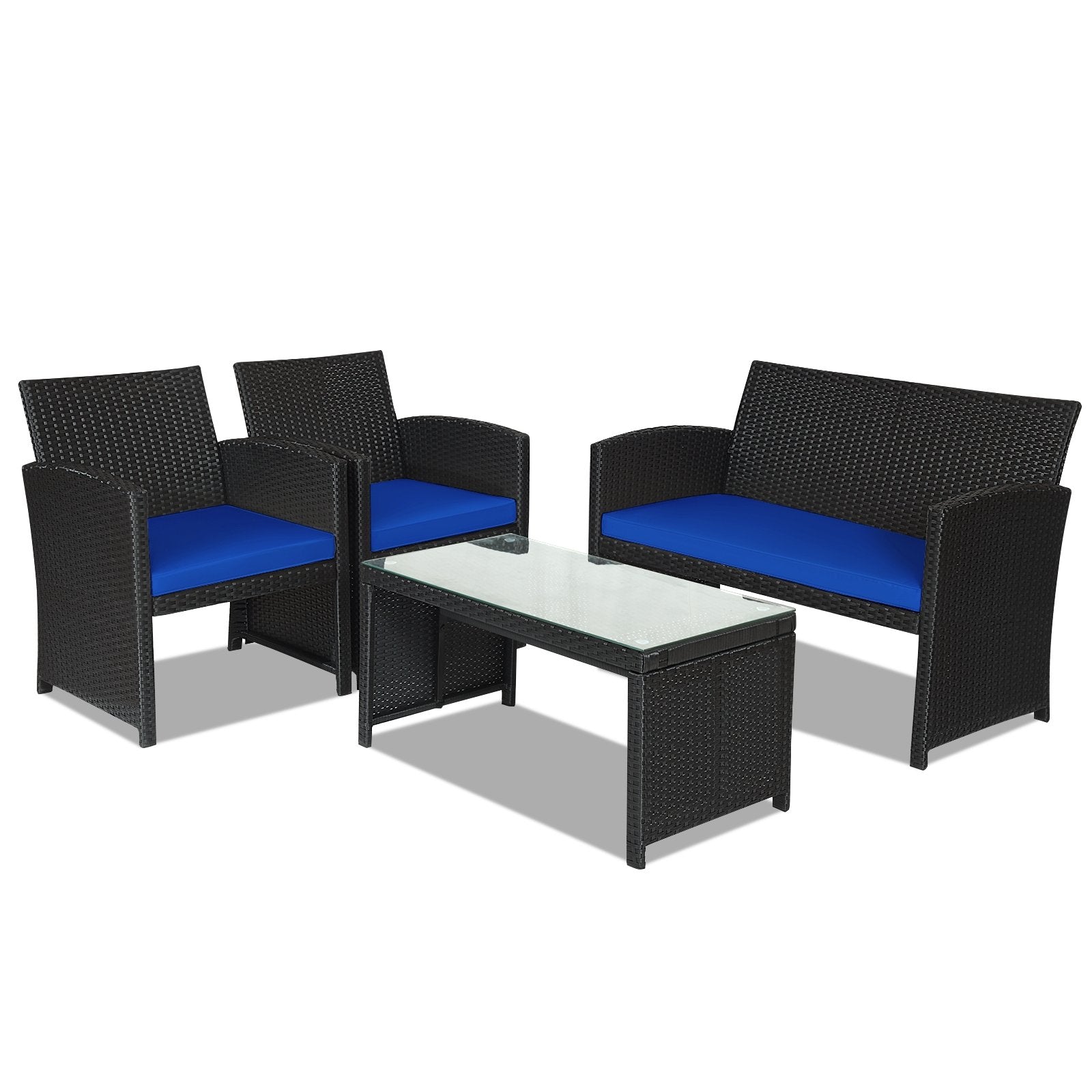 4 Pieces Rattan Patio Furniture Set with Weather Resistant Cushions and Tempered Glass Tabletop, Navy - Gallery Canada