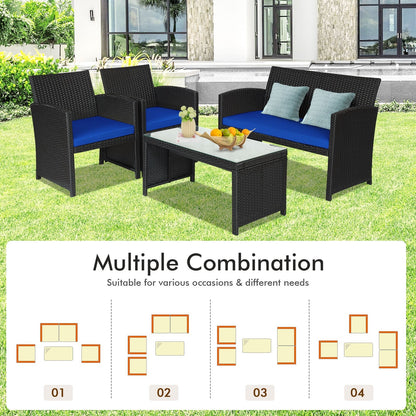 4 Pieces Rattan Patio Furniture Set with Weather Resistant Cushions and Tempered Glass Tabletop, Navy Patio Conversation Sets   at Gallery Canada