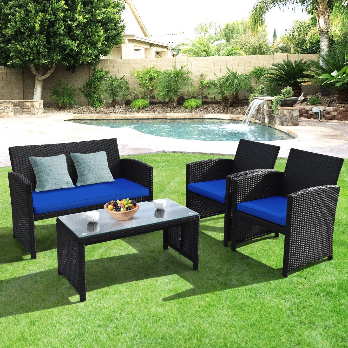 4 Pieces Rattan Patio Furniture Set with Weather Resistant Cushions and Tempered Glass Tabletop, Navy - Gallery Canada