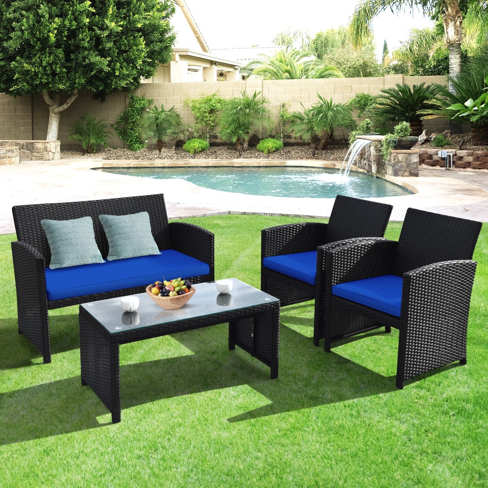 4 Pieces Rattan Patio Furniture Set with Weather Resistant Cushions and Tempered Glass Tabletop, Navy Patio Conversation Sets   at Gallery Canada