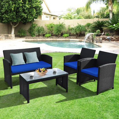 4 Pieces Rattan Patio Furniture Set with Weather Resistant Cushions and Tempered Glass Tabletop, Navy - Gallery Canada