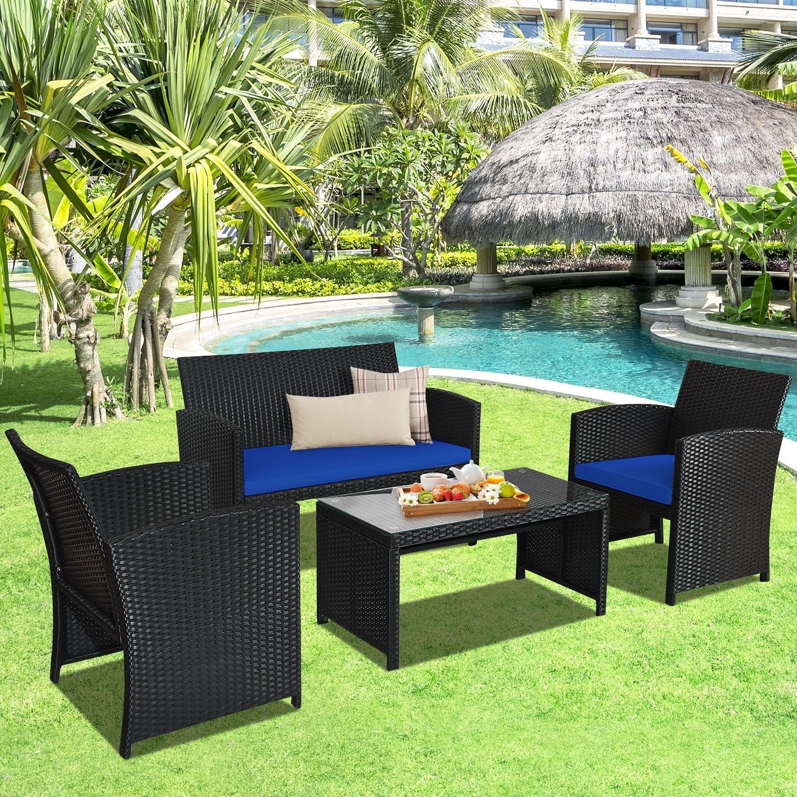 4 Pieces Rattan Patio Furniture Set with Weather Resistant Cushions and Tempered Glass Tabletop, Navy - Gallery Canada