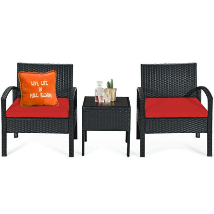 3 Pieces Outdoor Rattan Patio Conversation Set with Seat Cushions, Red Patio Conversation Sets   at Gallery Canada