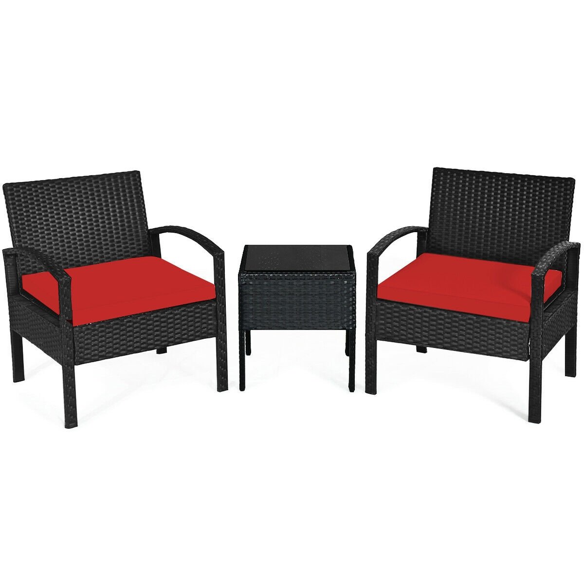 3 Pieces Outdoor Rattan Patio Conversation Set with Seat Cushions, Red Patio Conversation Sets   at Gallery Canada