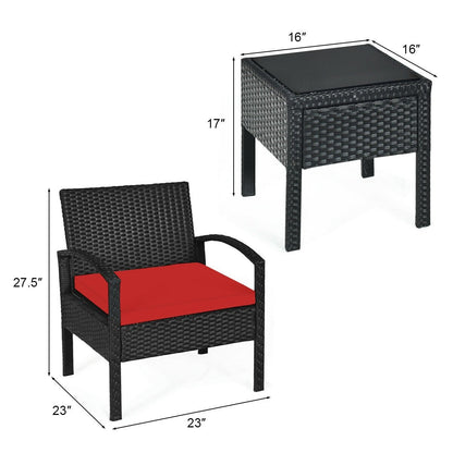 3 Pieces Outdoor Rattan Patio Conversation Set with Seat Cushions, Red Patio Conversation Sets   at Gallery Canada