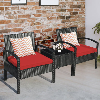 3 Pieces Outdoor Rattan Patio Conversation Set with Seat Cushions, Red Patio Conversation Sets   at Gallery Canada