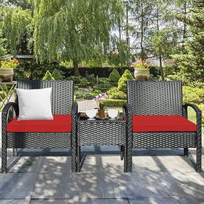 3 Pieces Outdoor Rattan Patio Conversation Set with Seat Cushions, Red Patio Conversation Sets   at Gallery Canada