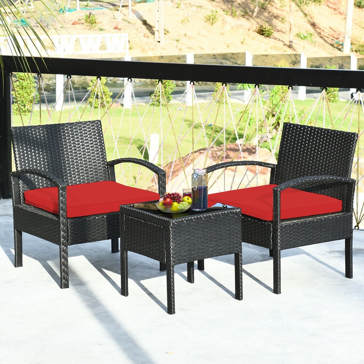 3 Pieces Outdoor Rattan Patio Conversation Set with Seat Cushions, Red Patio Conversation Sets   at Gallery Canada