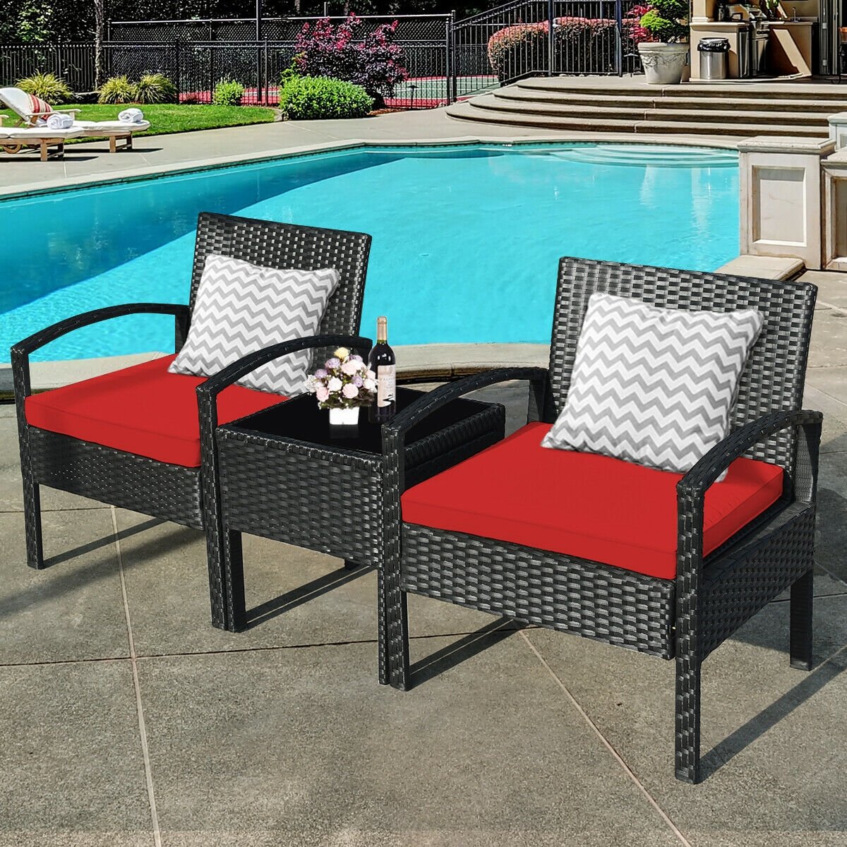 3 Pieces Outdoor Rattan Patio Conversation Set with Seat Cushions, Red Patio Conversation Sets   at Gallery Canada