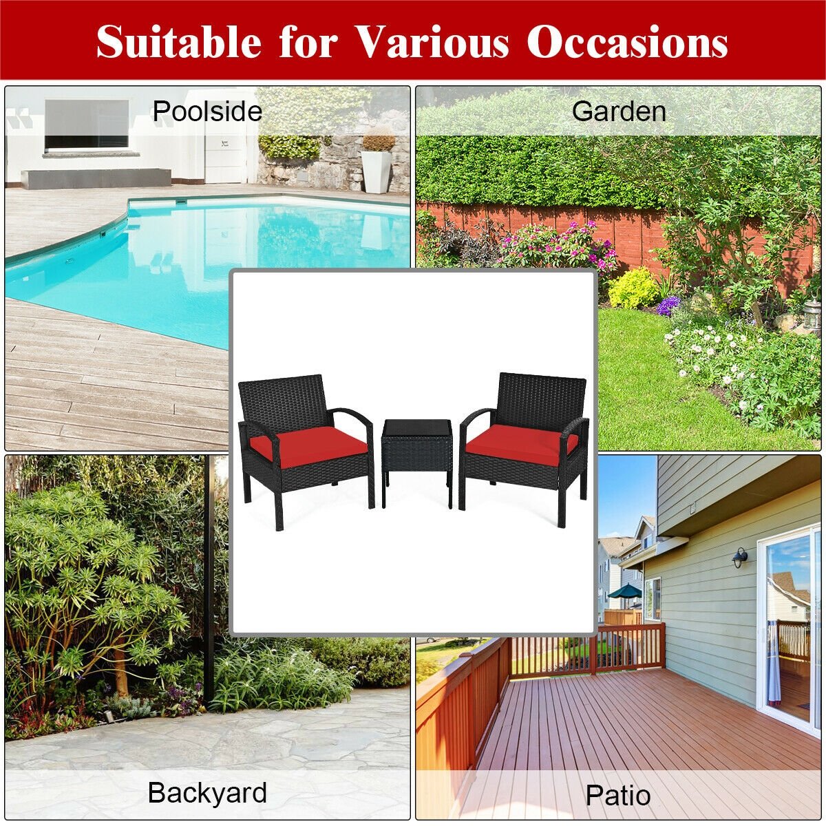 3 Pieces Outdoor Rattan Patio Conversation Set with Seat Cushions, Red Patio Conversation Sets   at Gallery Canada