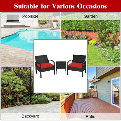 3 Pieces Outdoor Rattan Patio Conversation Set with Seat Cushions, Red Patio Conversation Sets   at Gallery Canada