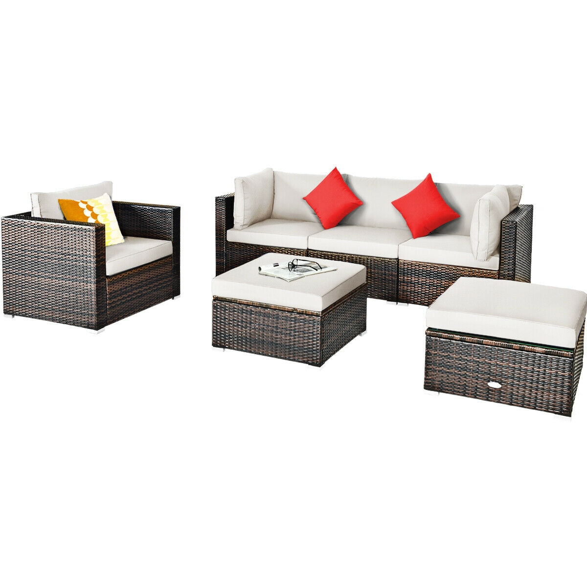 6 Pieces Patio Rattan Furniture Set with Sectional Cushion, White Outdoor Sectionals White  at Gallery Canada