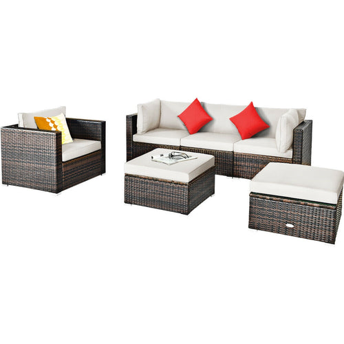 6 Pieces Patio Rattan Furniture Set with Sectional Cushion, White