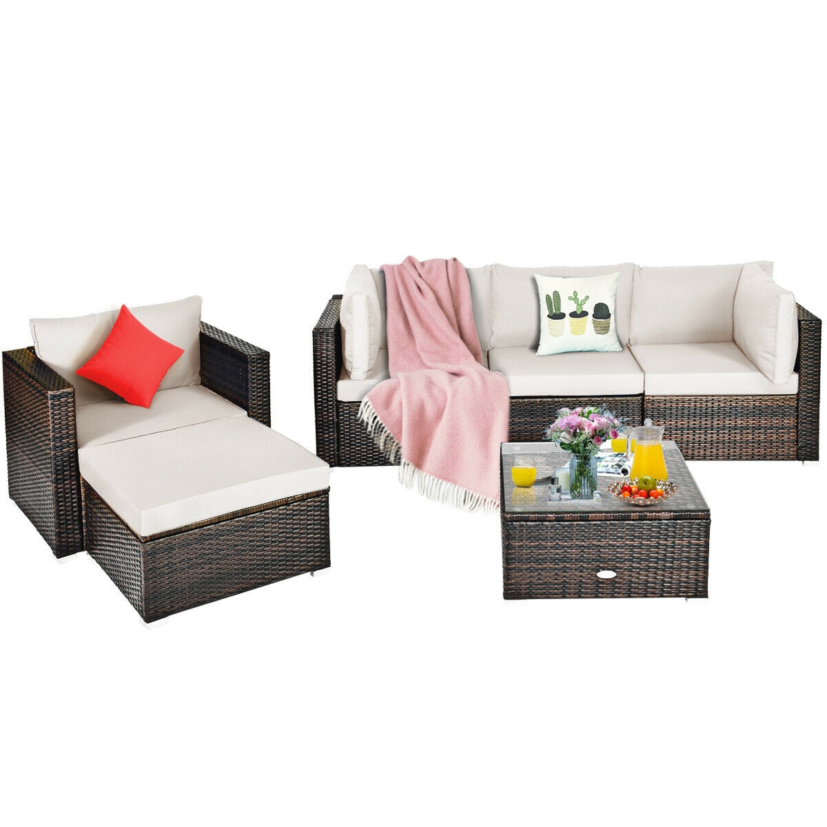 6 Pieces Patio Rattan Furniture Set with Sectional Cushion, White Outdoor Sectionals   at Gallery Canada