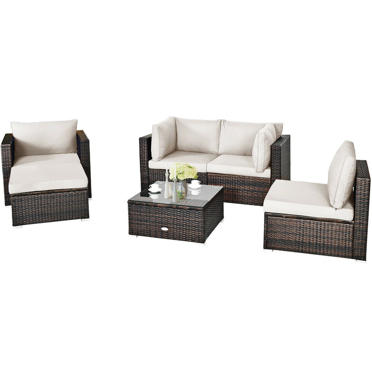 6 Pieces Patio Rattan Furniture Set with Sectional Cushion, White Outdoor Sectionals   at Gallery Canada